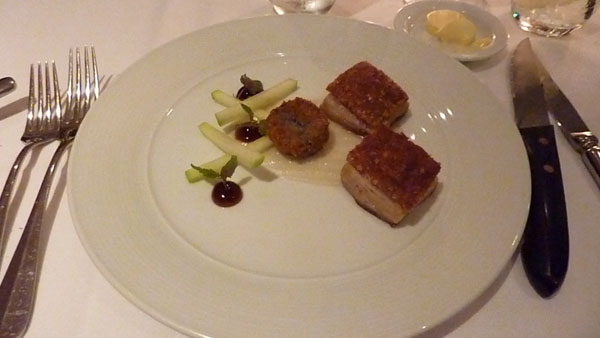 twice cooked Bangalow Sweet Pork belly with apple purée and black pudding