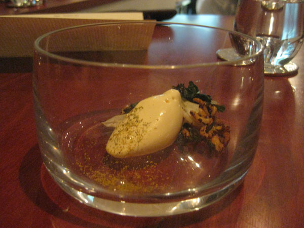 Hickory smoked ice cream, wild rice, garlic, tomato, onion, shallots, basil and pollen