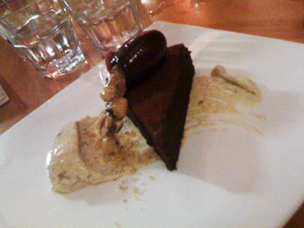 Flourless chocolate cake, praline mascarpone & hazelnut toffee