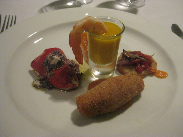 Piquillo pepper stuffed with tuna salad Mango gazpacho and Mooloolaba prawn Montadito with Escalibada Manchego cheese with mandarin paste Chicken fritter and Romesco sauce