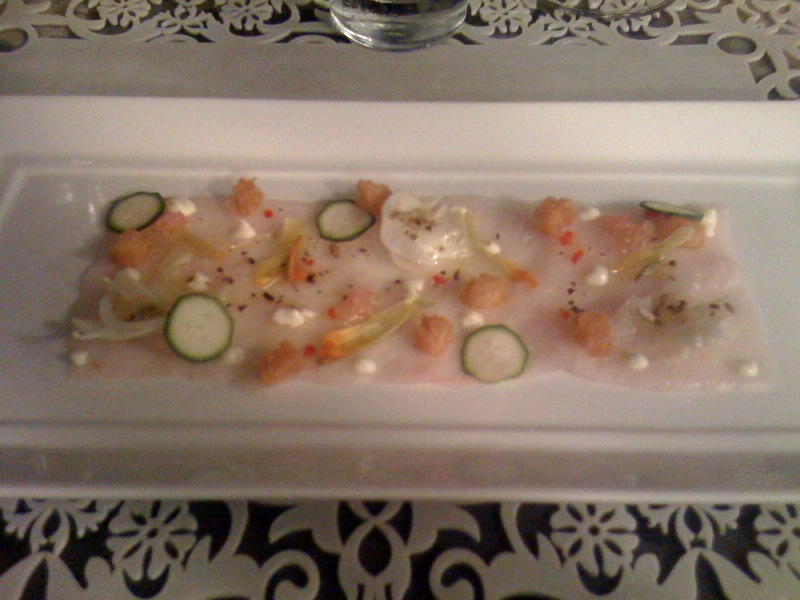 Carpaccio, Kingfish, zucchini flower, finger lime, chilli, fennel