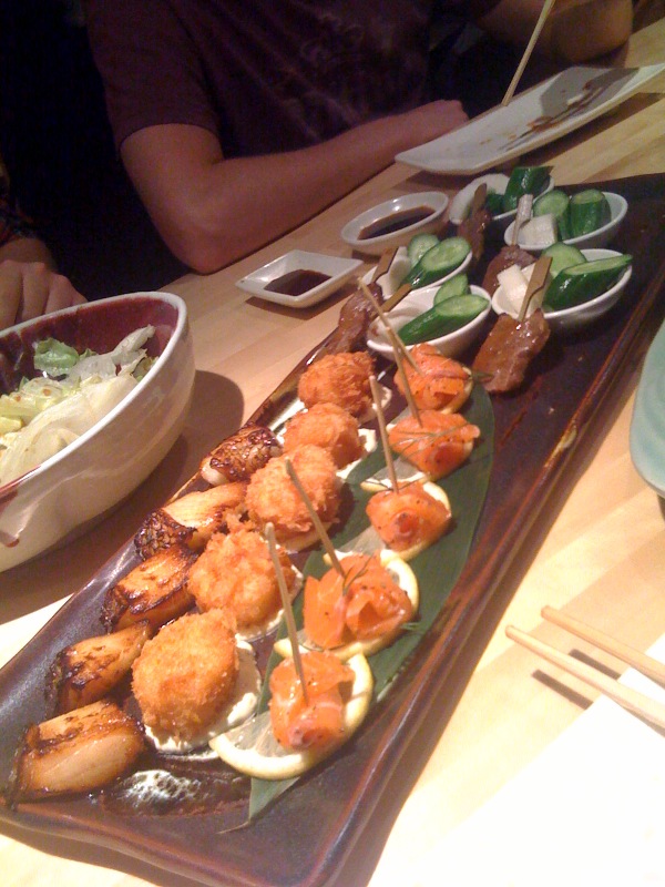 Scallops, grilled snapper and salmon skewers