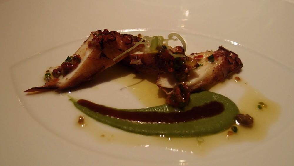 Charred Octopus “a la plancha”; Green Olive and Black Garlic, Emulsion, Sundried Tomato Sauce Vierge 