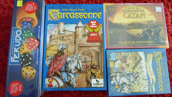 Lots of board games! - Perudo is pretty awesome for when you have a few people round for drinks. Its basically dice rolling and gambling on the outcome. We also picked up Carcasonne and some expansions for it and Settlers of Catan