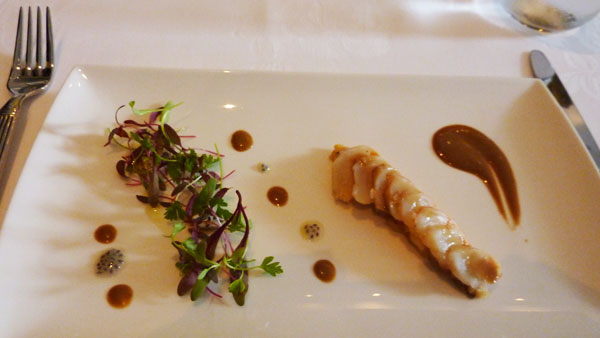 Prawn salad with confit ginger - awesome presentation and the prawn was deliciously fresh. Even Jen who normally steers clear of prawns loved this course