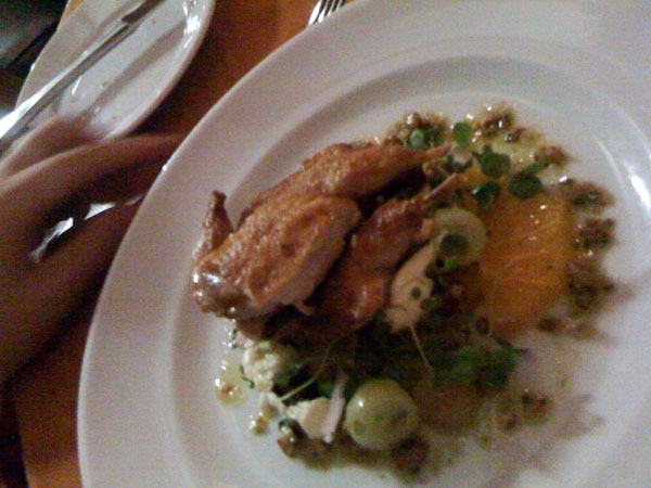 grilled quail, salad of orange, witlof, bocconcini & pecan dressing. 