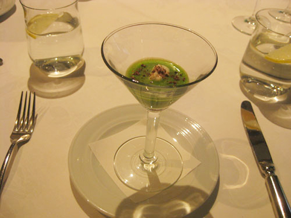 Pea soup with rock salt and chocolate shavings